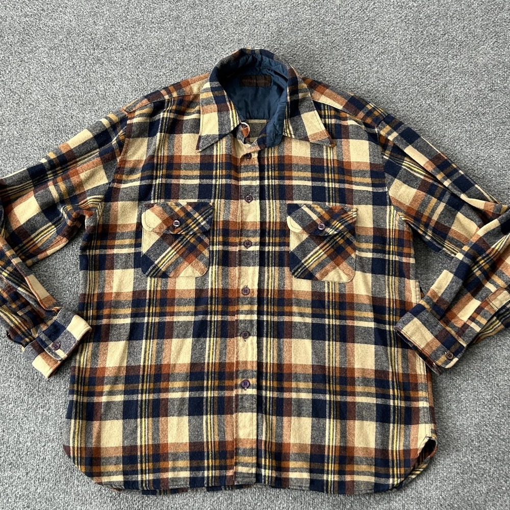 Vintage David Harrison Shirt Mens Large Blue Plaid‎ Wool Flannel Lined Korea 70s